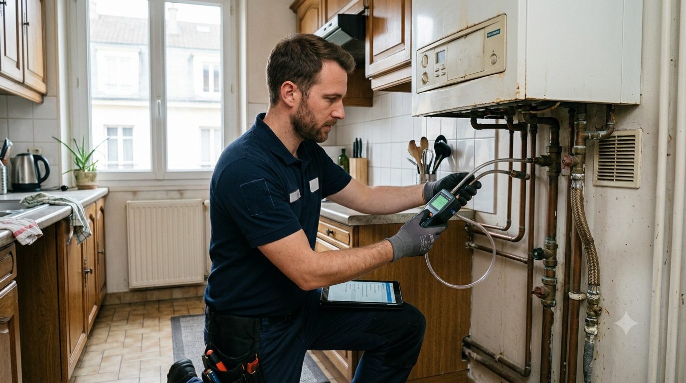 Technicien contrôlant une chaudière gaz murale lors d'un diagnostic gaz révélant une anomalie de type A2