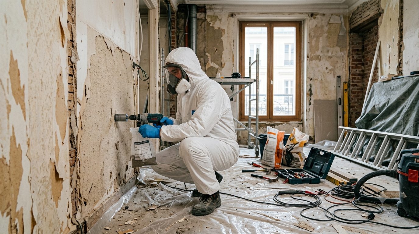 Opérateur de repérage amiante en combinaison réalisant un sondage sur une cloison lors d'un diagnostic amiante avant travaux