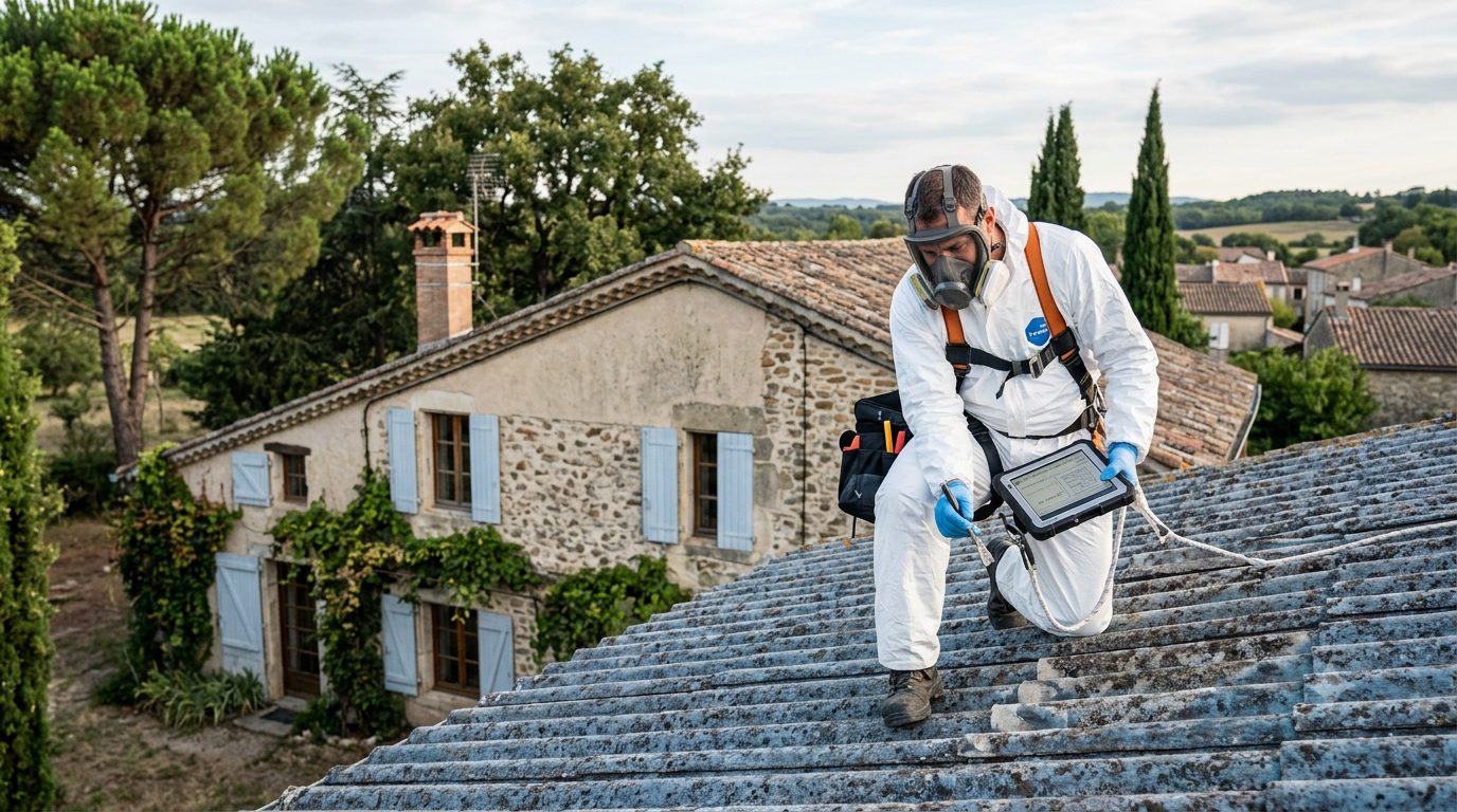 Diagnostiqueur immobilier en combinaison de protection réalisant un repérage amiante sur une toiture en fibrociment