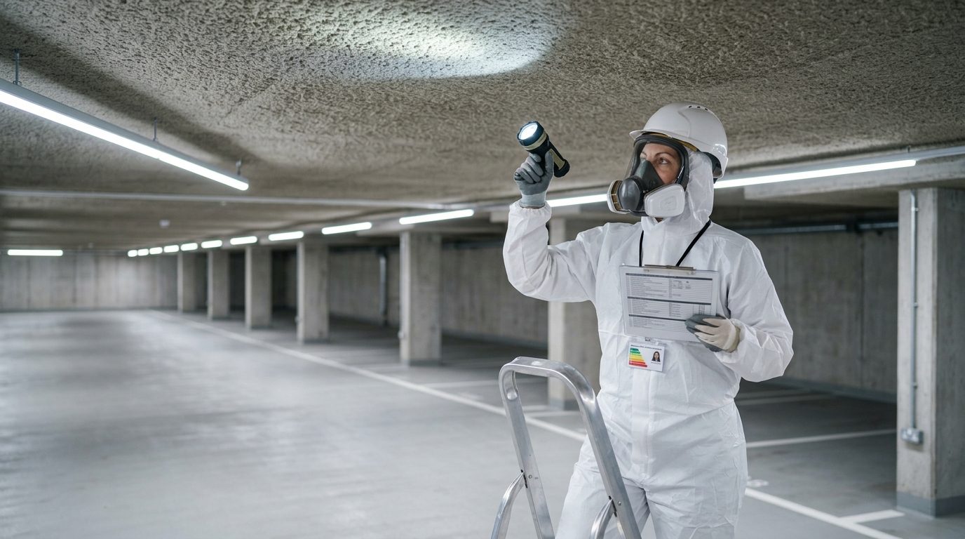 Flocage amiante au plafond d'un parking souterrain inspecté par un opérateur